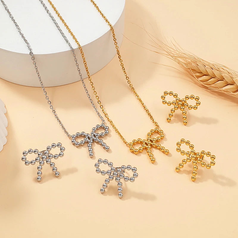 Wholesale Ladies 18K Gold Plated Stainless Steel Jewelry Custom Bowknot Knot Pendants Luxury Necklace Earrings SET for Weddings
