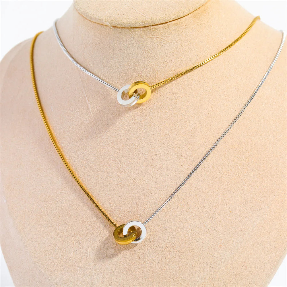2-Tone Interlocking Statement Necklace Women 18K Gold Plated Stainless Steel Silver Gold Box Chain Two Circles Party Jewelry