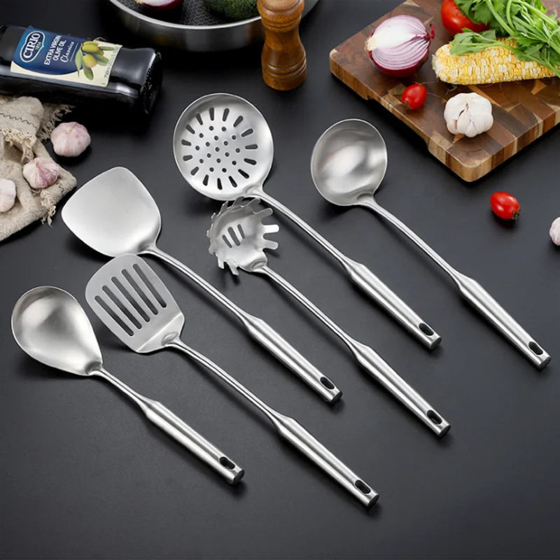 7-Piece Stainless Steel Kitchen Utensils Set with Ladle and Frying Pan Eco-Friendly Cooking Tools