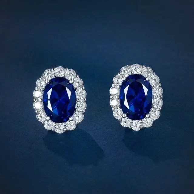 Fashion Jewelry 925 Sterling Silver Oval Vivid Royal Blue Sapphire Ruby Cute Stud Earrings for Engagement Wedding Party Gift
