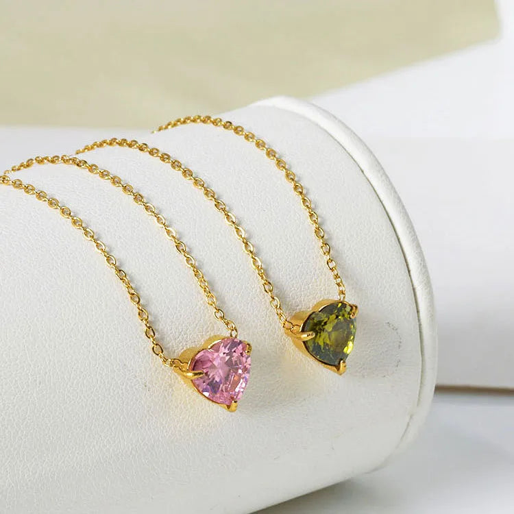 New Arrival 18K Gold Plated Heart Colorful Zircon Necklace Gift Stainless Steel Jewelry Birthstone Cubic Zircon Pendant Necklace MegaBDM