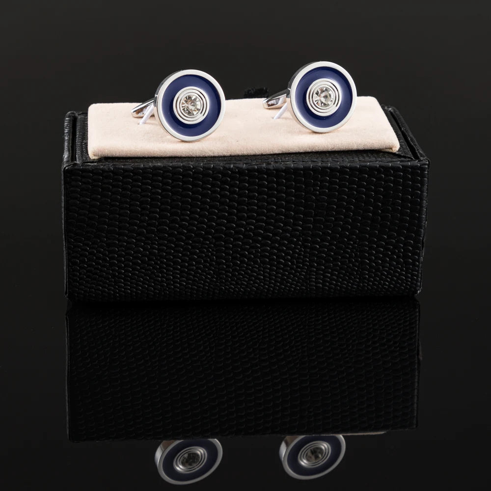 New High Quality Fashion Round Silver Plated Blue Diamond Crystal Mens Cufflinks Wholesale