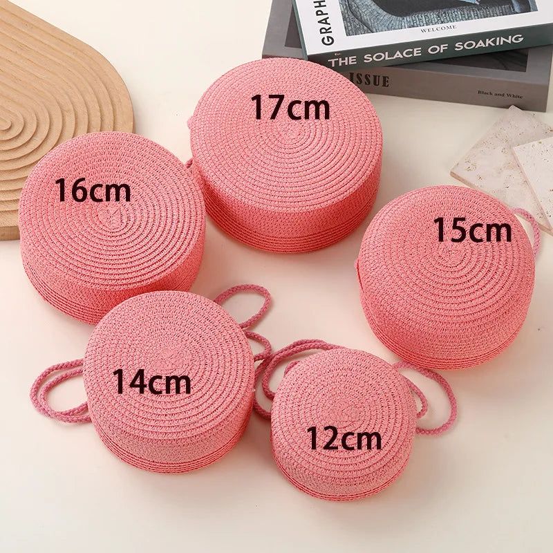 Solid Mini Braided Round Beach Bag Environmental Fashion Crossbody Mobile Phone Bag with Zipper Closure for Holidays Vacations