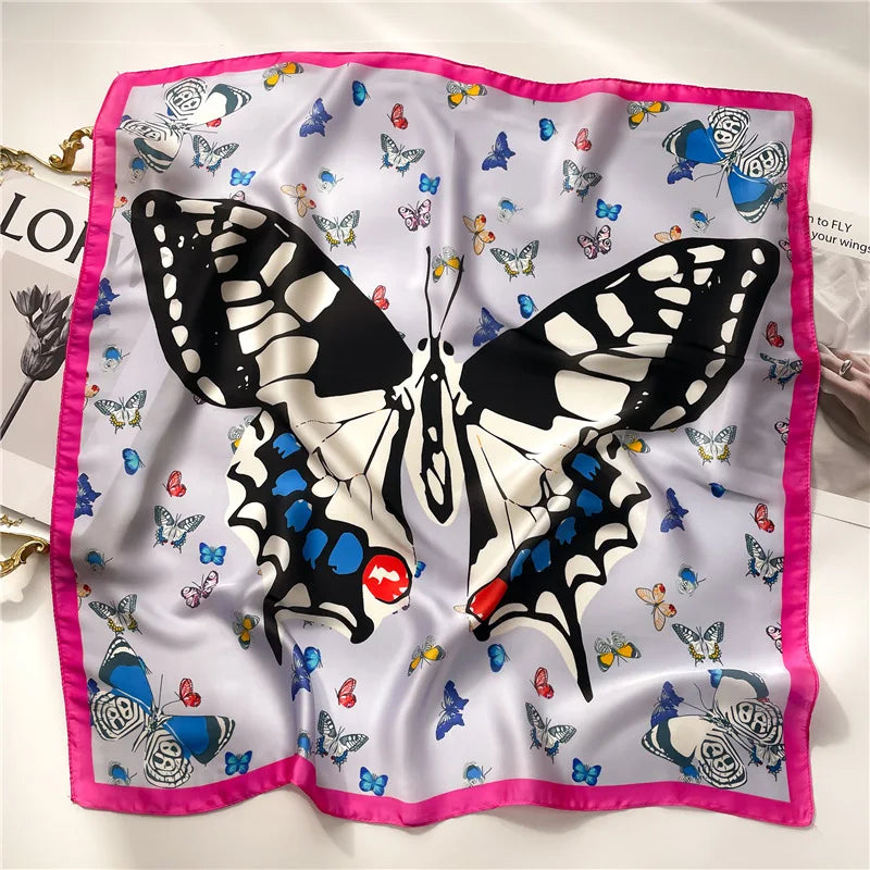 Luxury Butterfly Design Square Satin Imitation Silk Scarf for Women Silk Scarves Wholesale 2023