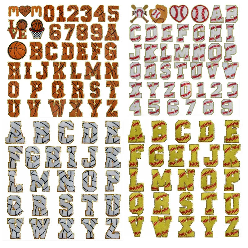 7CM Iron on Sport  Glitter Gold Edge White Yellow Baseball  Pattern Chenille  Letter Number Patches for Hat Clothing Decoration