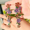 Glittering Multicolor Red Green Cubic Zircon Jewelry Flowers Long Dangling Drop Bridal Earrings for Women Wedding Party