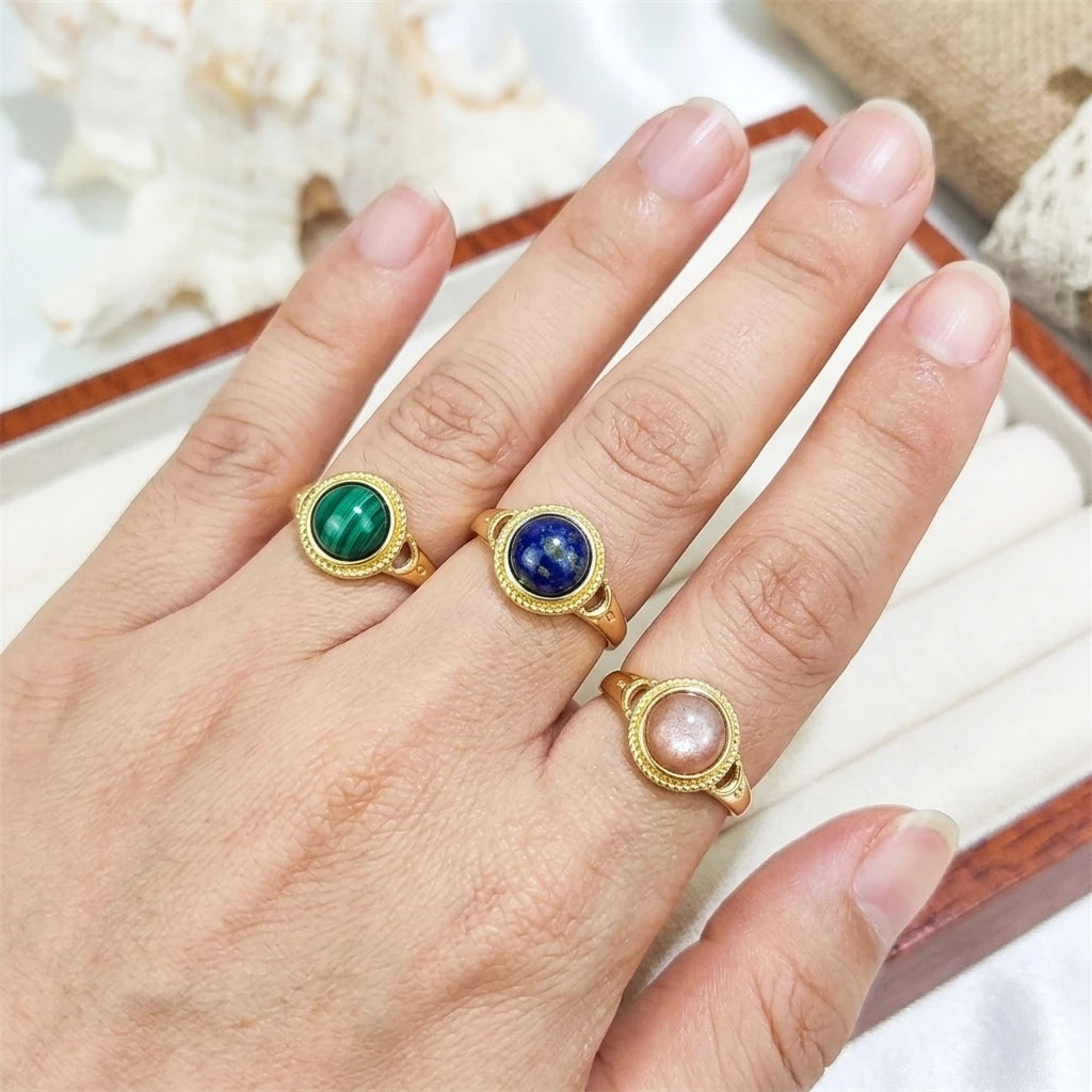 Fashion Jewelry Women's Bohemian Eye Design Polished Stone Inlay Adjustable Ring 18K Gold Plated Crystal Blue Lace Agate Lapis