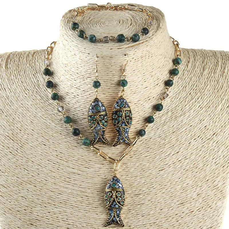 Fashion Bohemian Rosary Chain 6mm Natural Stone Beaded Fish Pendant Necklace Bracelet Earring Set Women Festival Gift