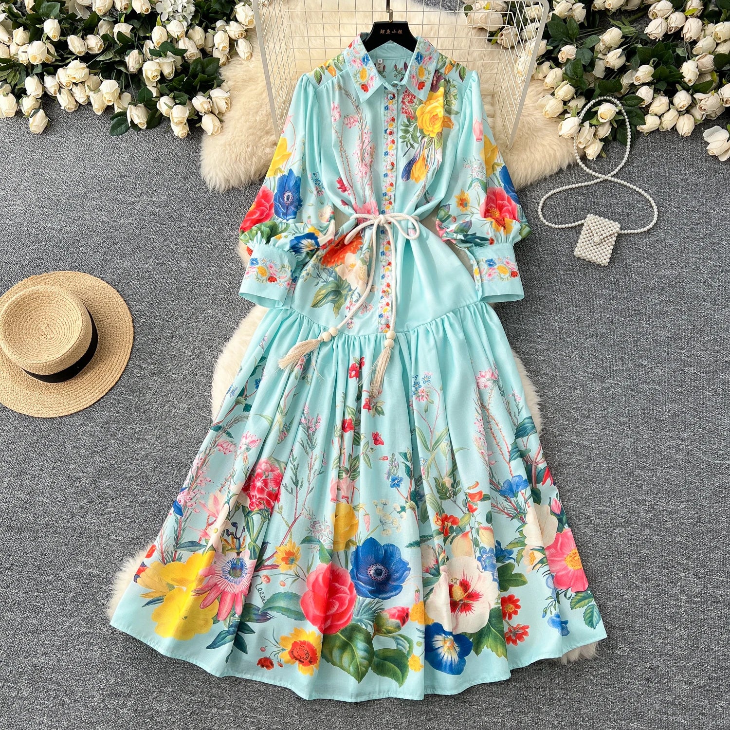 LW0739 Elegant Women'S Dresses Spring 2025 New Lapel Single Breasted Waist Lantern Sleeve Elegant Printed Dress