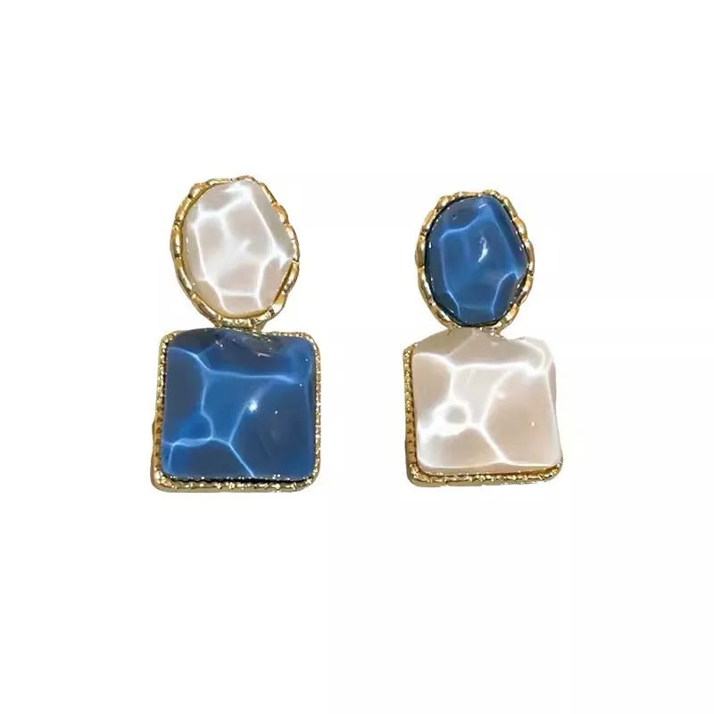 Creative S925 Sterling Silver Pin Water Ripple Geometric Earrings Asymmetrical Blue Resin Square Large Stud Earrings