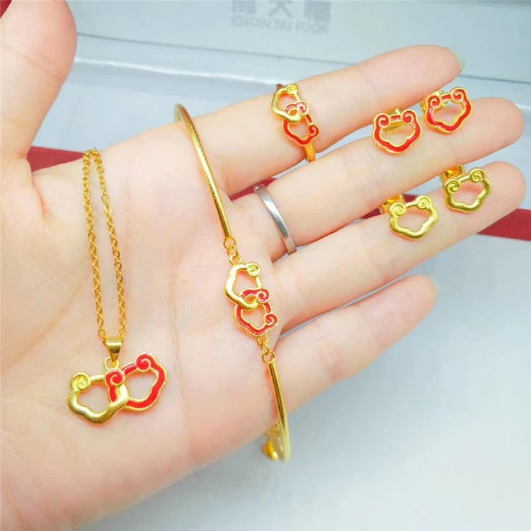 Dubai Gold Gold Plated  Jewelry Auspicious Clouds Four Piece Set Gold Fashion Accessorieswomen Necklace Set