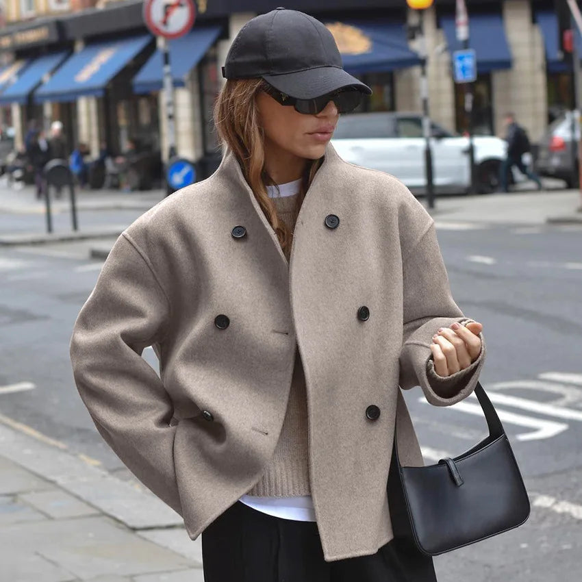 2024 Autumn Winter Fashion Solid Double Breasted Turtleneck Demi-season Jacket Office Lady Loose Coats Women Casual Woolen Coat