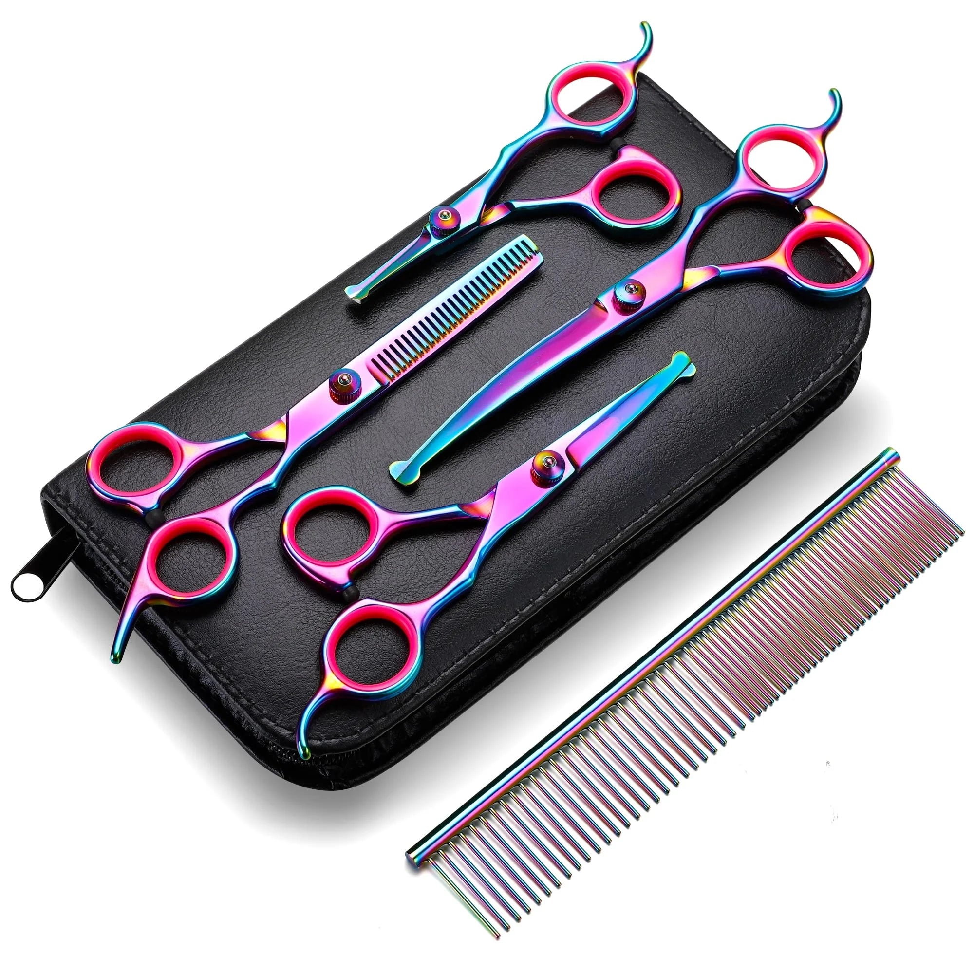 Hot Sale 7 Inch Foldable Stainless Steel Pet Grooming Scissors Set 5 Piece Colourful Scissors for pet grooming