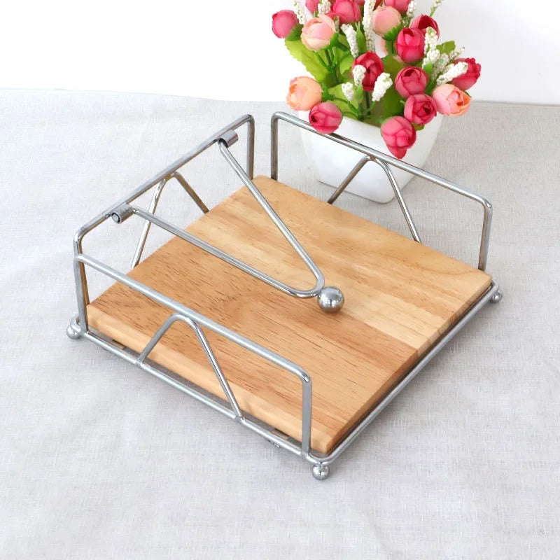 Restaurant Silver Gold Black Metal Wooden Napkin Tissue Holder for Table