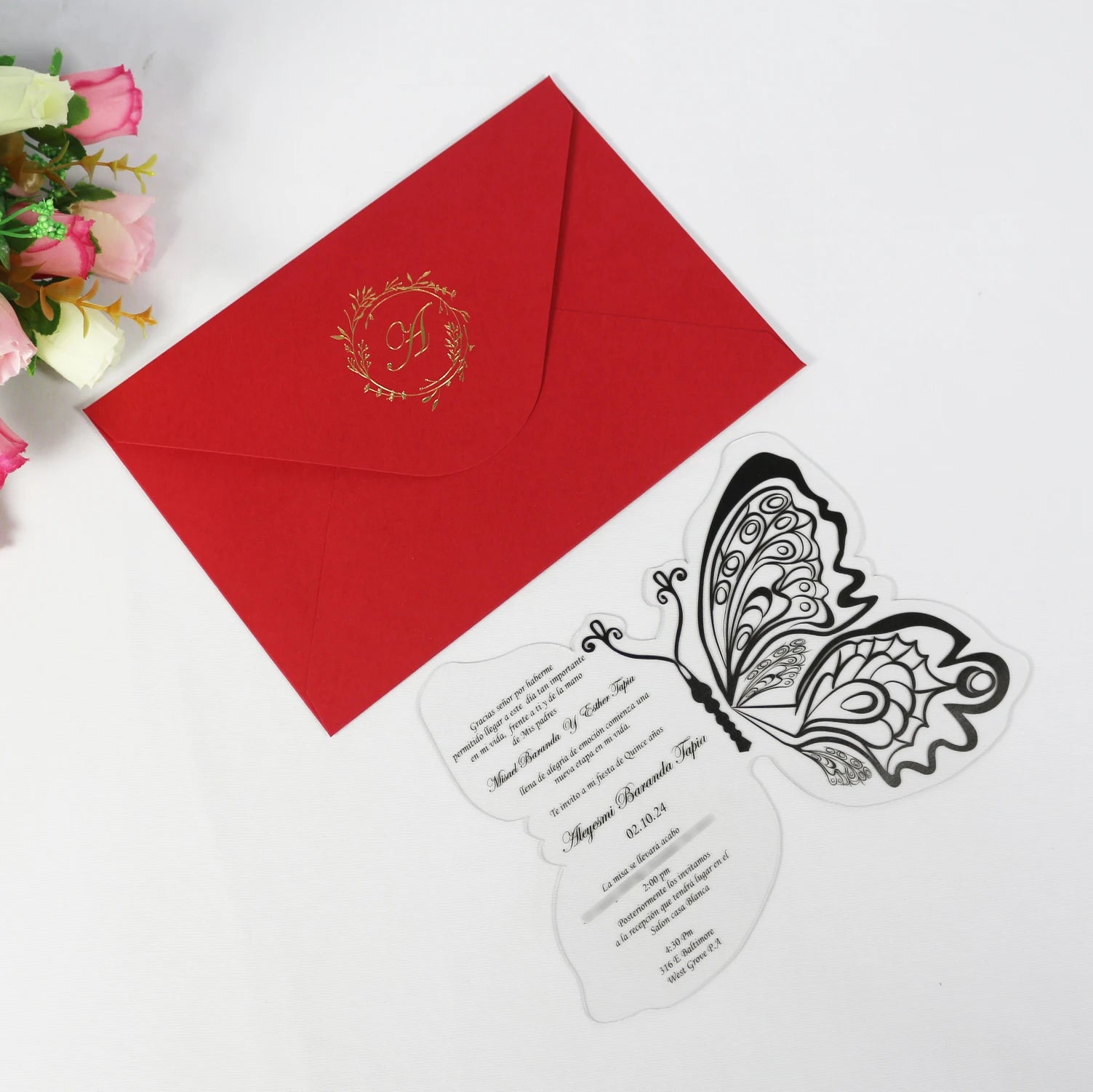 Elegant Black Butterfly Shaped Acrylic Wedding and Bridal Shower Invitation Card with Personalized Gold Logo Burgundy Envelope