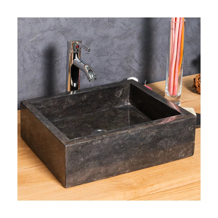 Modern Toilet Bathroom Used Solid Surface Natural Black Stone Marble Rectangular Hand Wash Basin Sink with Drainer Semi-Counter
