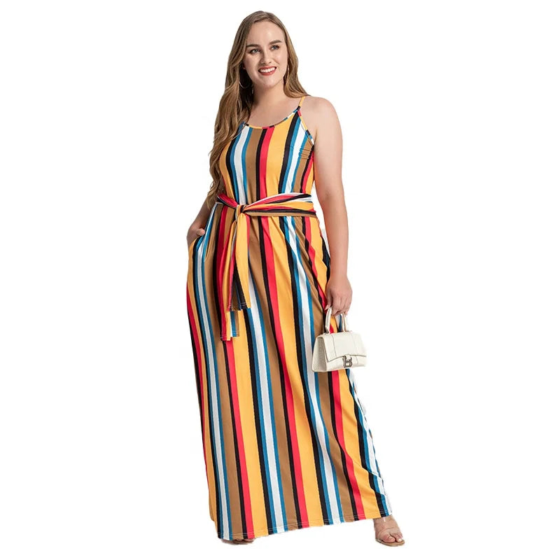 Wholesale Summer Plus Size Women's Striped Loose Dress With Belt Suspenders