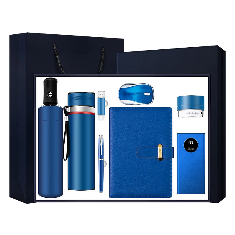 8-in-1 Umbrella Flask USB Pen Notebook Wireless Power Bank Business-Style Promotional Gift Sets for Corporations