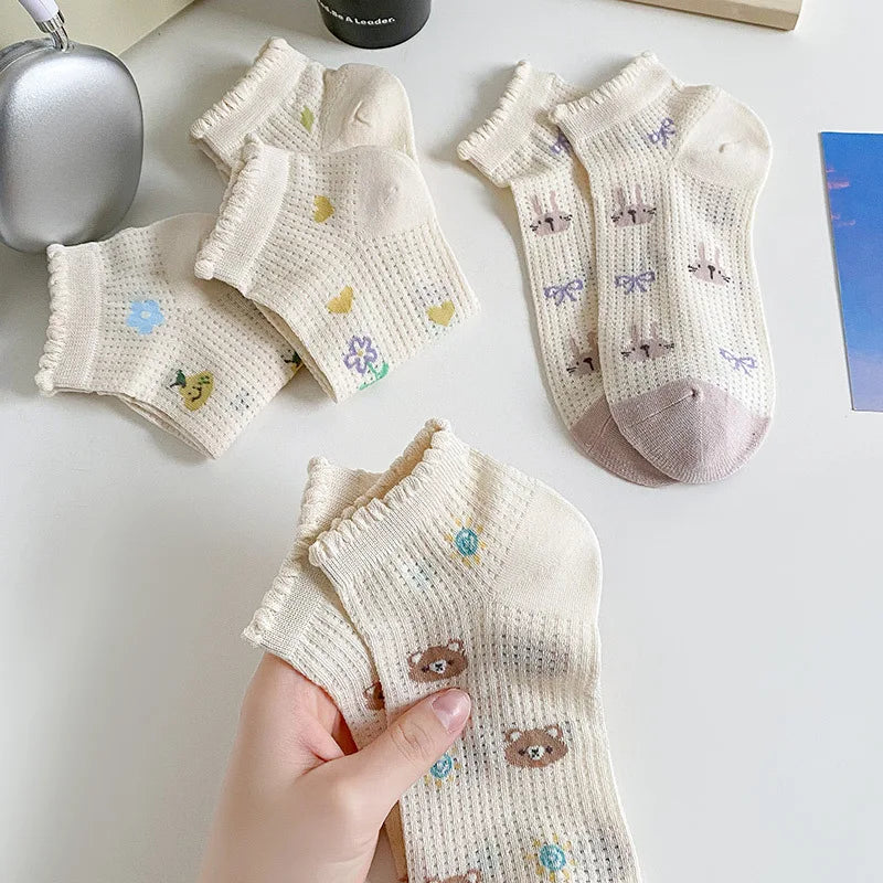 2023 New Thin Style White Socks Women Cotton Breathable Boat Socks Japanese Cute Cartoon Mesh Bubble Mouth Lace Women Socks