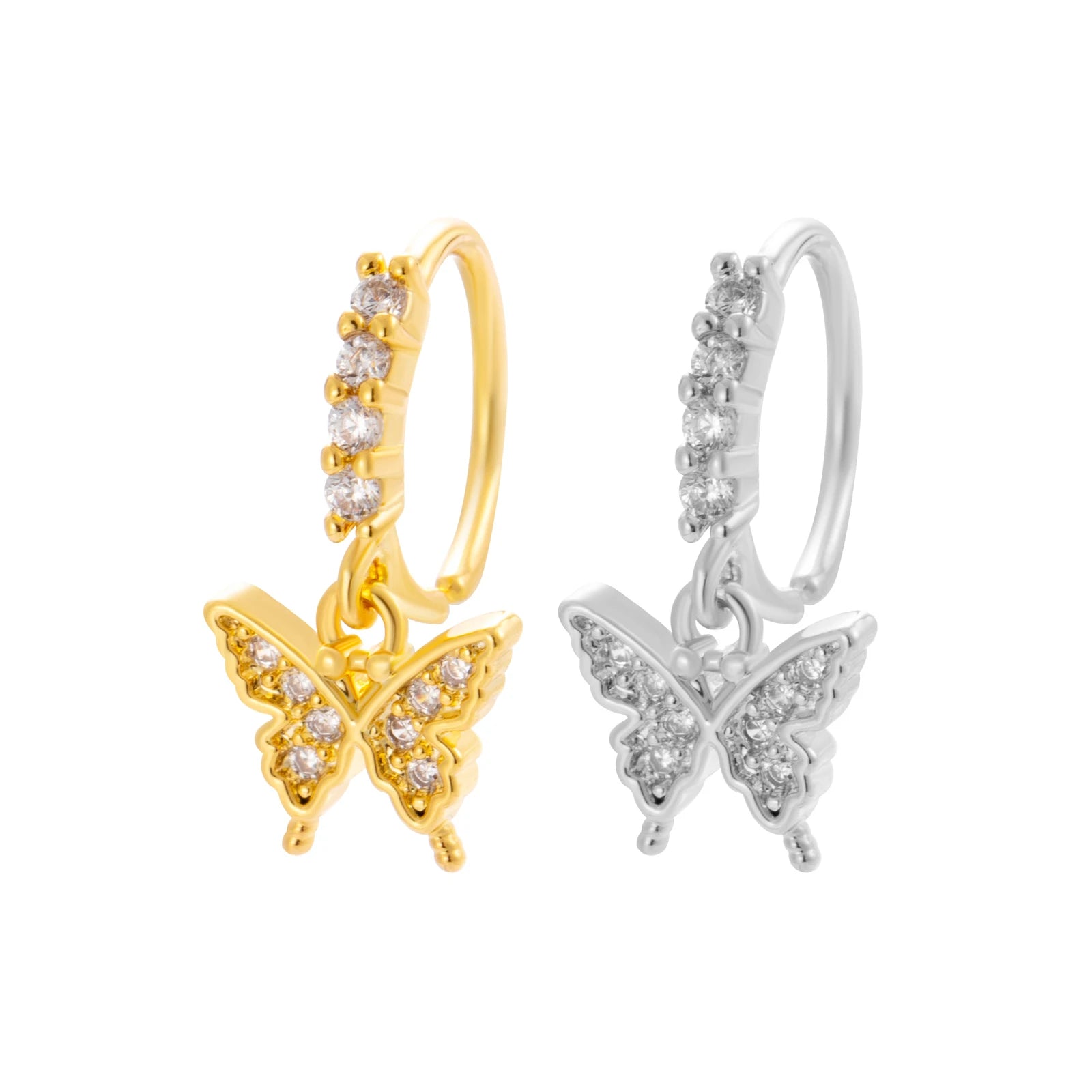 HENGSEN Copper 18K Gold Plated Zircon Butterfly Dangle Hoop Nose Ring for Women Trendy Model 793-10