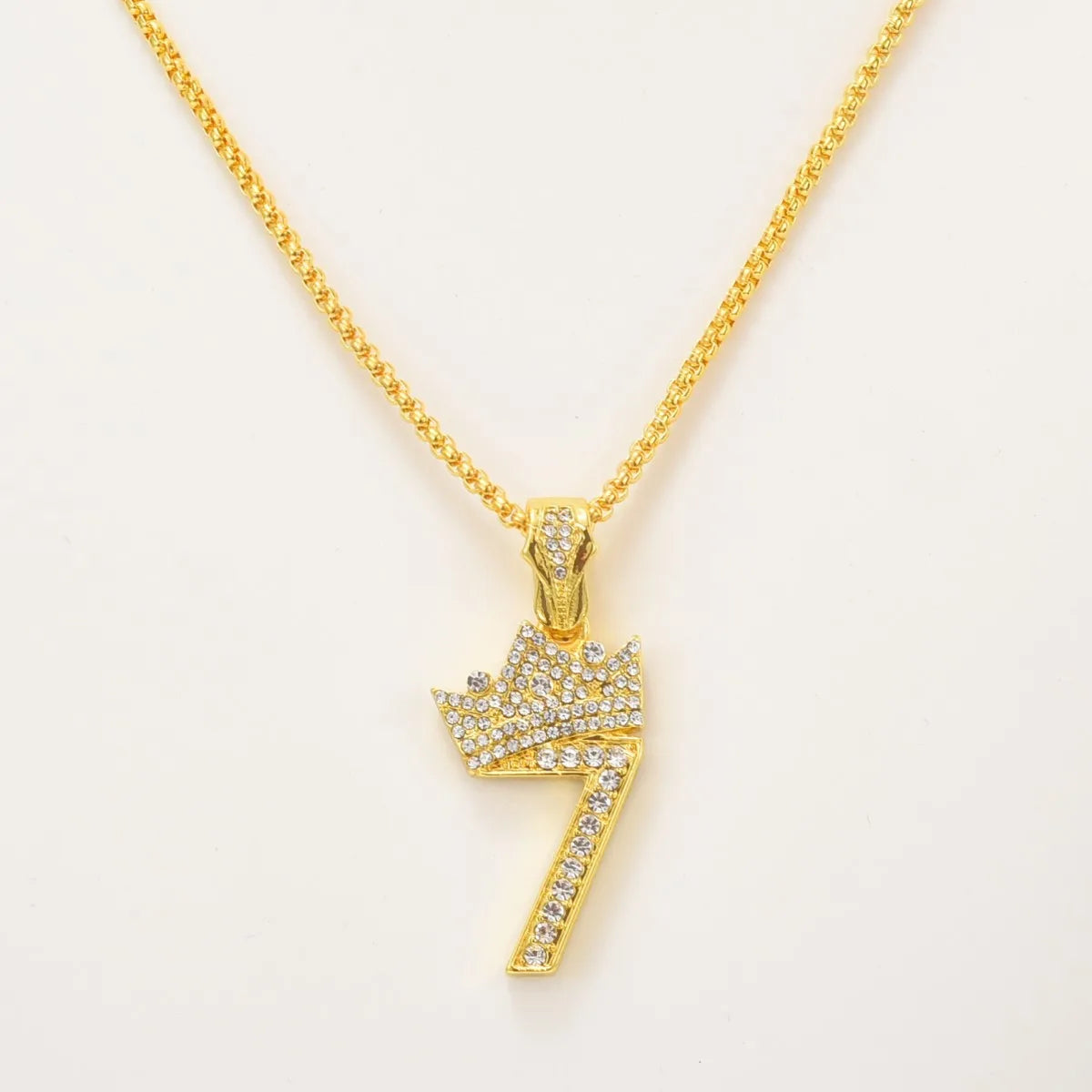 European American Luxury Full Diamond Crown Pendant Necklace New Hip Hop Personality Corn Chain Jewelry Lucky Number 7 Necklace