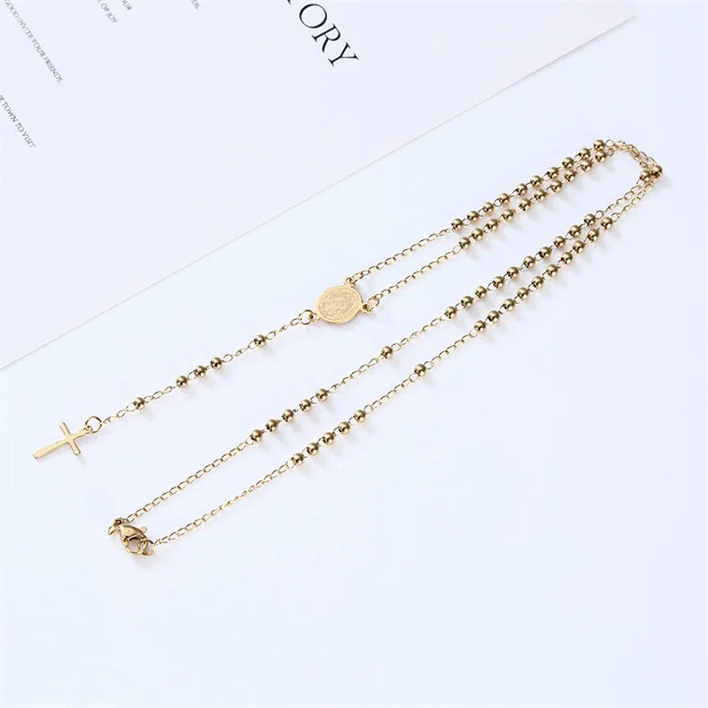Factory Sale Stainless Steel Religious Jesus Necklace 3MM Chain Gold Plated Virgin Mary Rosary Bead Cross Necklace for Believers