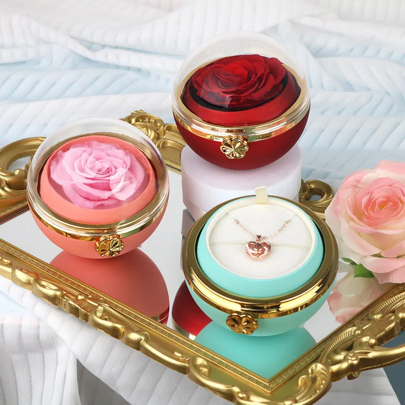 A1 Valentine'S Day Jewelry Gift Box Round Rotatable Immortal Flower Proposal Ring Box Soap Flower Necklace Jewelry Box