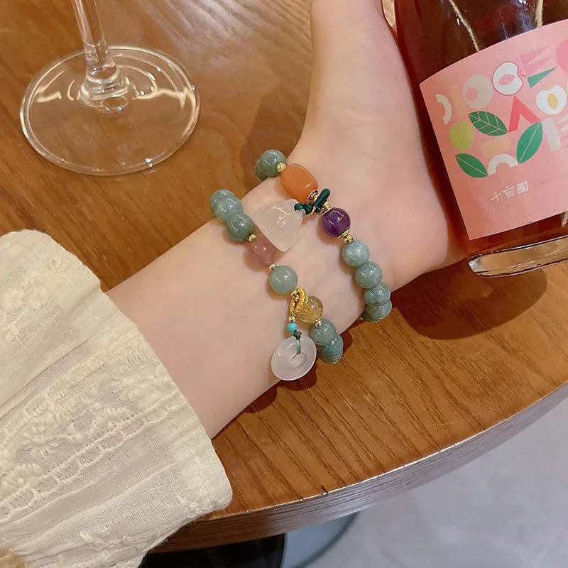 New Jade Bangle Women's Summer Couple Chinese Safty Knot Beaded Charm Bracelet