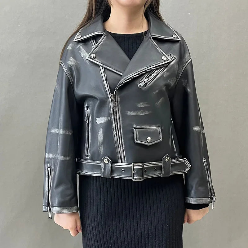 Vintage Retro Distressed Leather Casual Wear Women Sheep Skin Leather Jacket Motorcycle Jacket