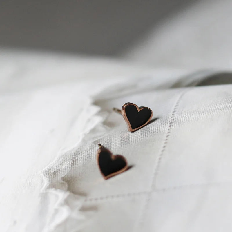 Moge Jewelry Brincos Femininos Women Black Heart Enamel Earing Ear Studs Rose Gold Plated Small Earring for Girls