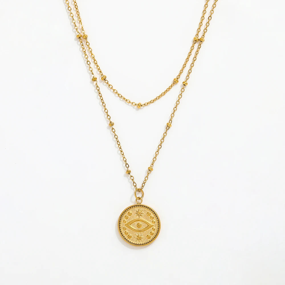 Joolim Jewelry 18K Gold Plated 2 Rows Eye Pendant Necklace Multi Layer Necklace Trendy Jewelry