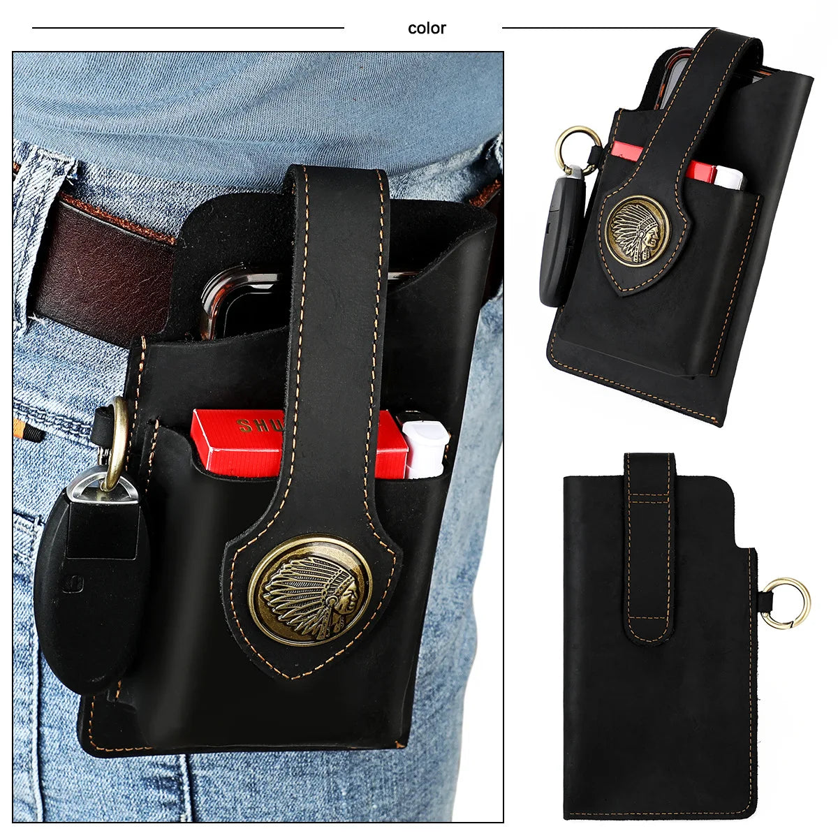 Retro Multi Function Mens Crazy Horse Leather Bag Genuine Leather Personality Outdoor Sport Belt Holster Phone Waist Wallet