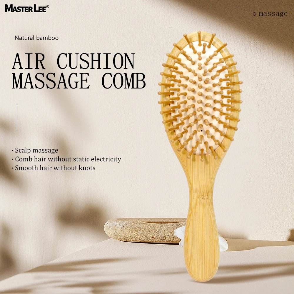 Custom Logo Bamboo Hair Brush Detangle Hair Comb Massager Cushion Brush Corbonized Bamboo Teeth for Women Men Kid Type Styling