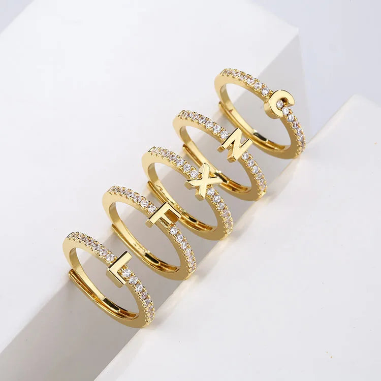 RM1474 Fine Delicate Tiny Mini 18k Gold Diamond Cubic Zirconia Paved Letter Alphabet Initial Adjustable Finger Rings
