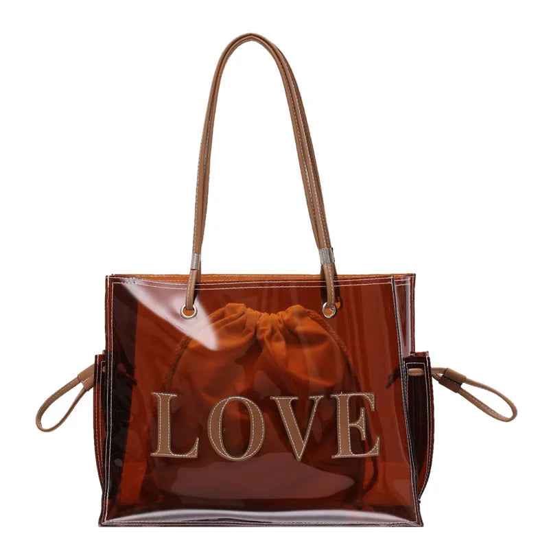 Shoulder Shopping Bag Beach Tote Bag Women Transparent Pvc Handbag Fashion Clear Plastic Inner Pouch Purse 2pcs Set
