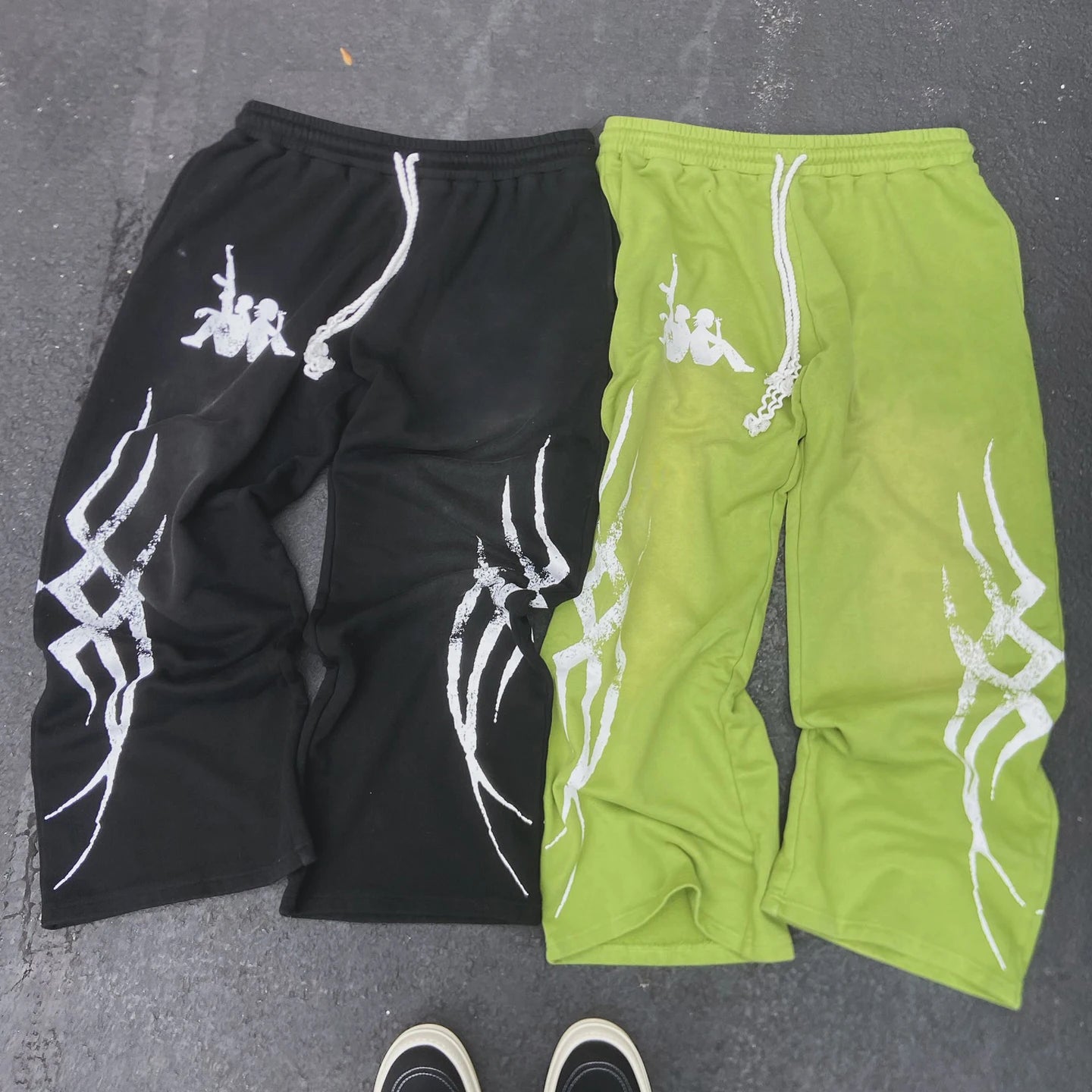 Manufacturer's Mid Waist Vintage Wash Jogger Trousers Acid Wash DTG Printed Wide Leg Street Style Sweatpants
