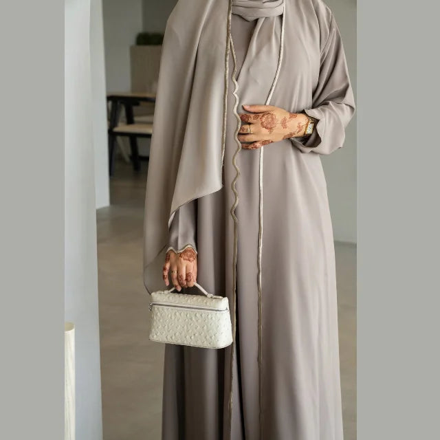 Custom Luxury Open Abaya With Wave Cut Embroidered Hijab Inner Dress 3 Piece Set