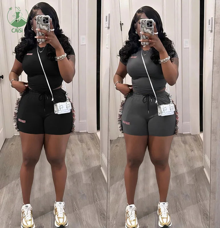 Women Tracksuit 2 Piece Set Summer Clothes Trendy Letter Embroidery Crop Tops and Tassel Shorts Matching Suits
