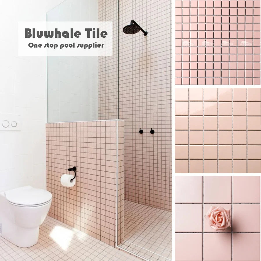 Bluwhale Tile Foshan Factory 48x48 Square Pink Tile Bathroom Wall Spa Glaze Ceramic 2 Inch Pink Pool Tiles MegaBDM