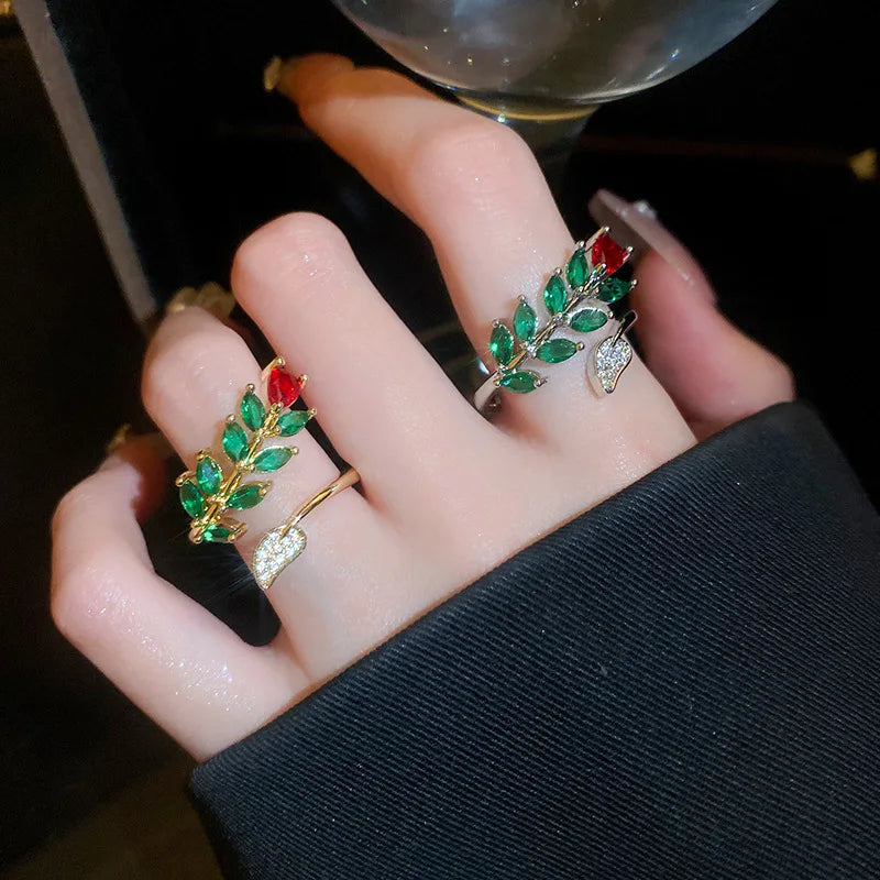 Diamond Leaf & Open Index Finger Ring Personalized Simple Opening Adjustable Zircon Couple Wedding Jewelry Fashion Rings