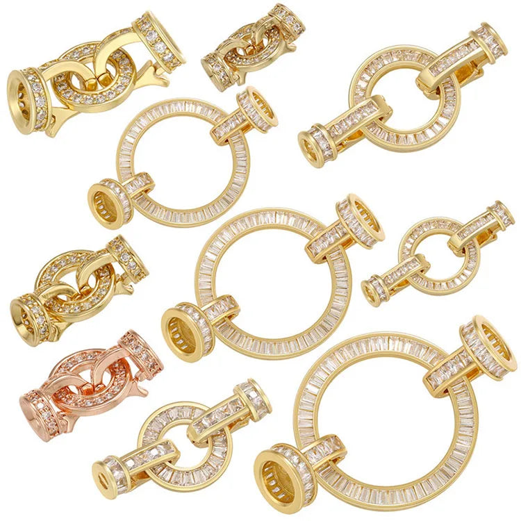CZ8678 18K Gold Plated Cz Diamond baguette Circle Connector Clasp Buckle for Cord Pearl Necklace Jewelry