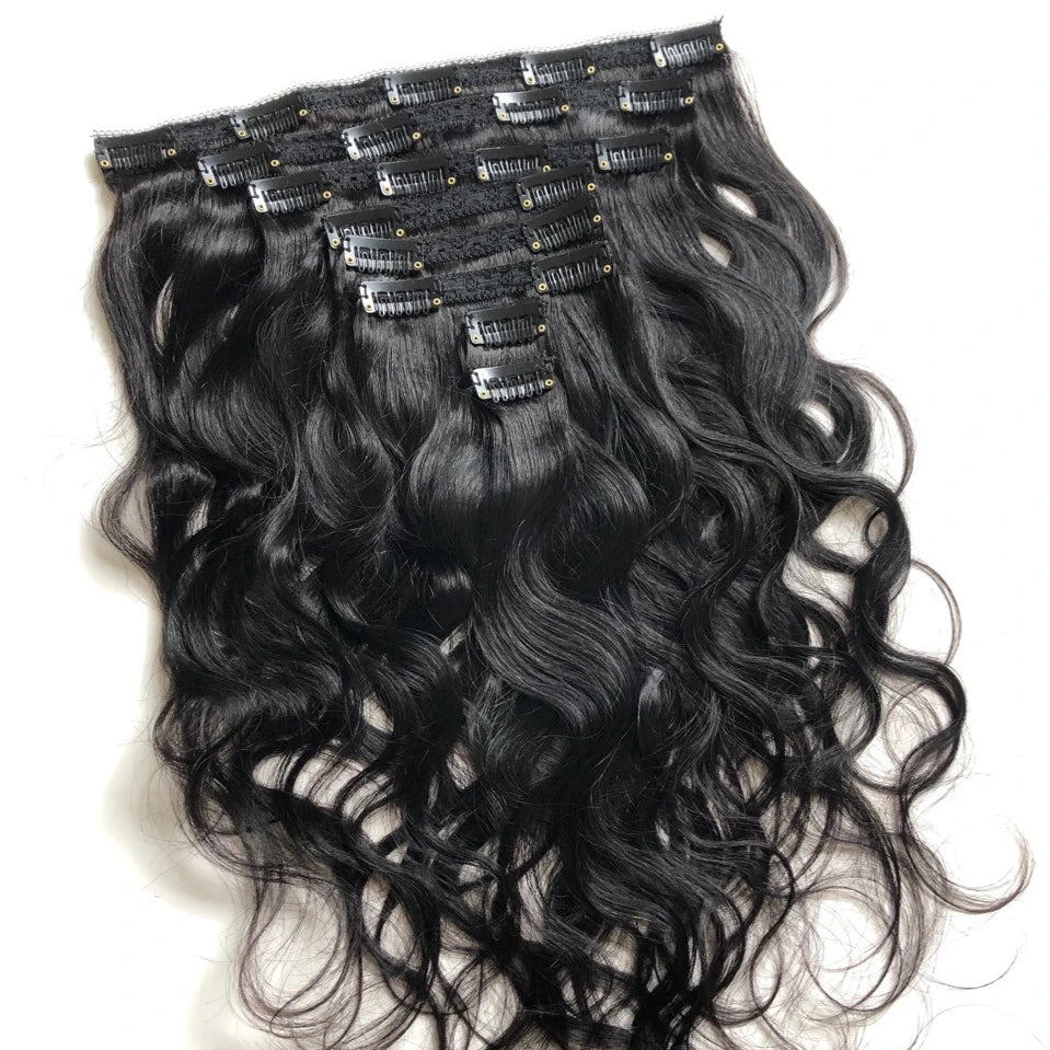 TP High Quality 8 Pcs Set Clip in #1B Body Wave Hair for Women Real Human Hair Extensions