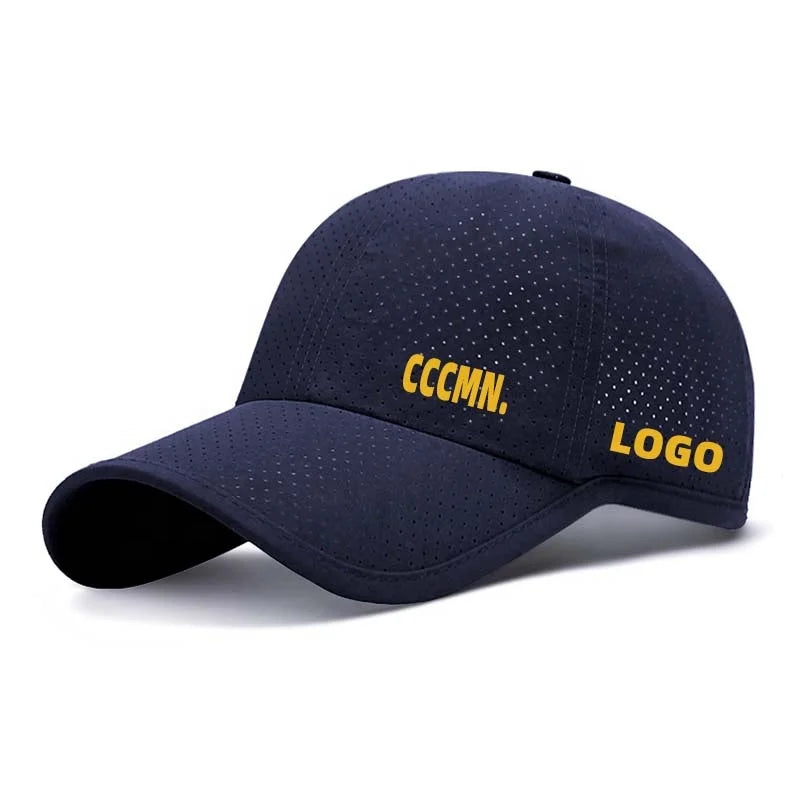 Custom Men's 6 Panel Navy Blue Terry Baseball Hat Embroidered Logo Perforated Laser Cutting Hole Waterproof Sport Cap