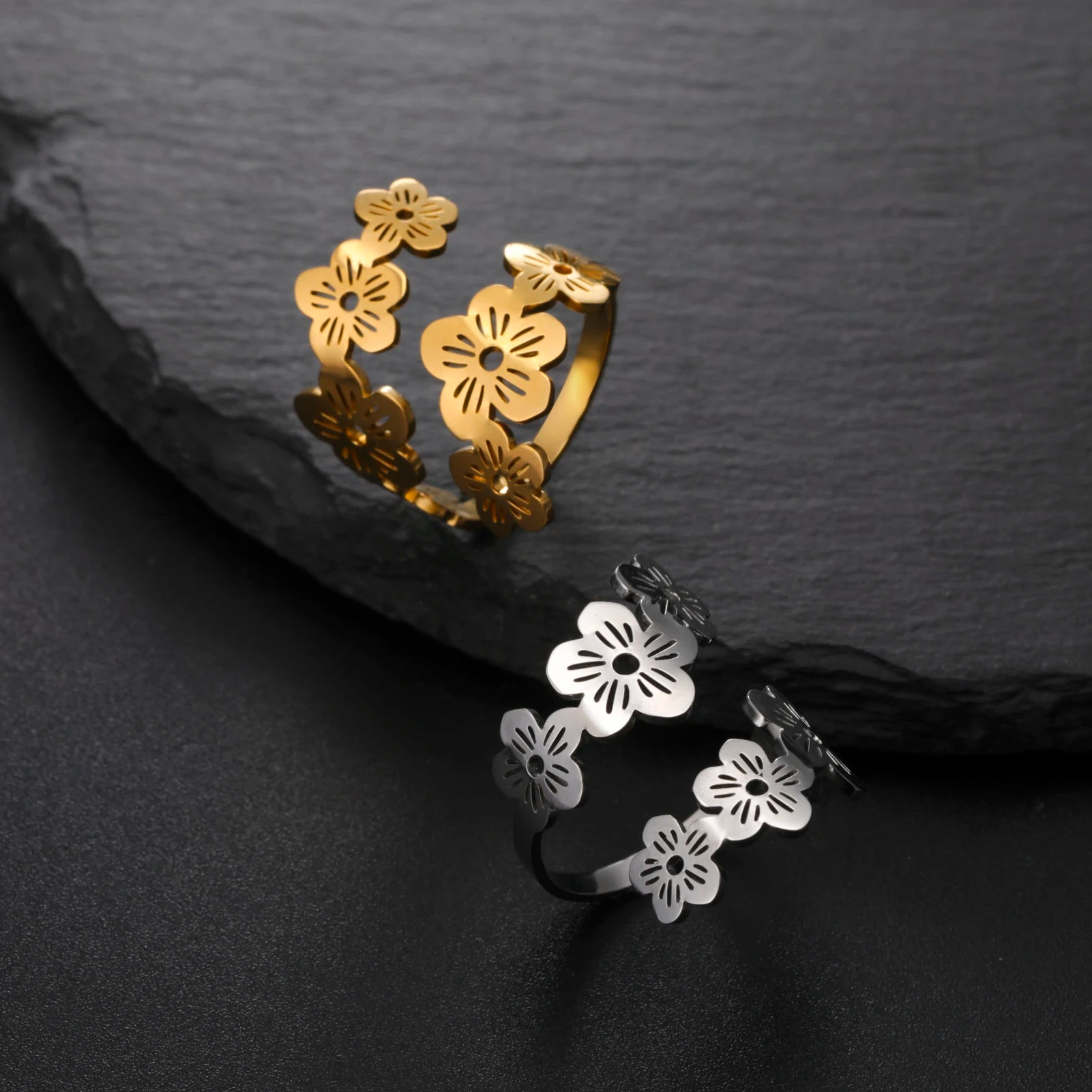 Fashion Stainless Steel Flower Ring Adjustable Open Beautiful Flower Ring Jewelry Gifts for Women Girls