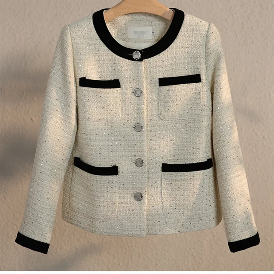 French Style Small Fragrance Coat Women's Autumn Short Style Foreign Heavy Industry Weaving Sequin Suit Top Coat