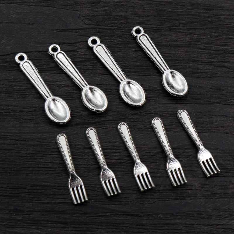 50pcs Spoon Fork Dining Charms Small Antique Silver Plated Tableware Pendants Charms DIY Jewelry Making Accessories Findings