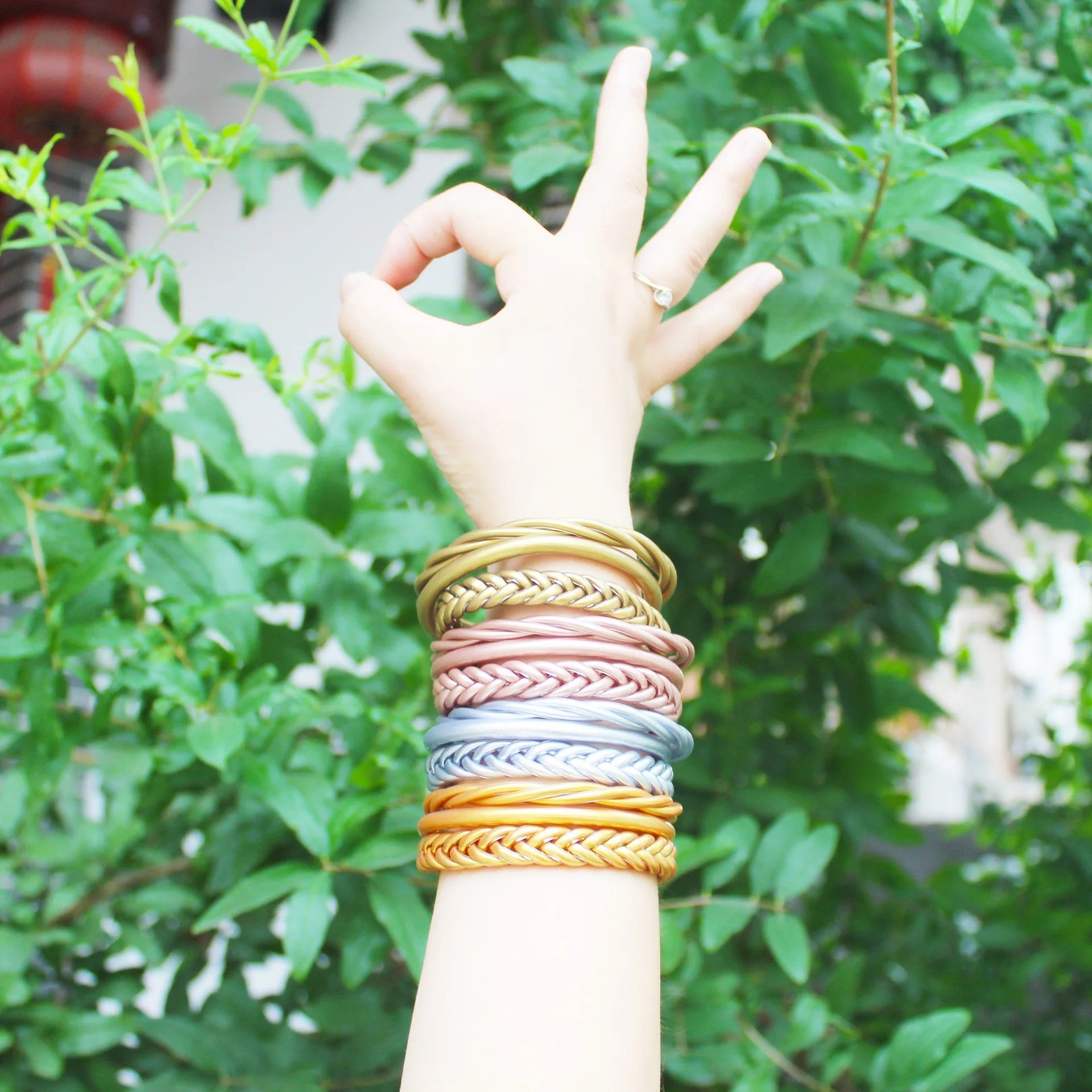 Zooying Jelly Bangles Handmade Braid Bangle Set 3 Pieces a Set Buddhist Bangle Metallic Silicone Bracelet