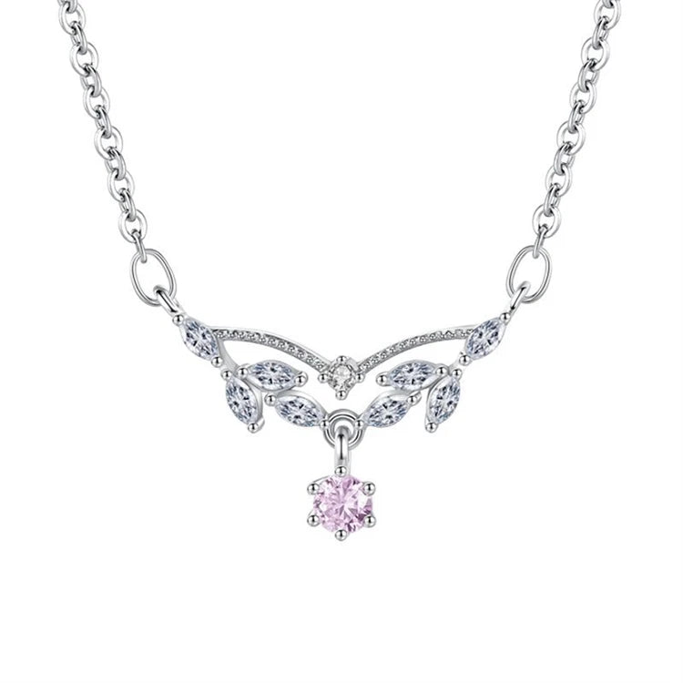 Romantic Luxury Water Drop pink Zirconium Diamond Clavicle Chain Leaf Pendant Necklace 925 Sterling Silver Necklace for Women