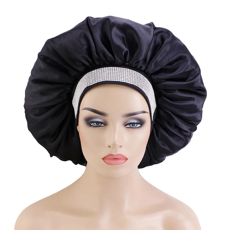 Wholesale Custom Logo Large Size Rhinestone Embossed Wide Band Satin Hair Bonnet Bohemian Hair Accessories Bonnet for Women Men