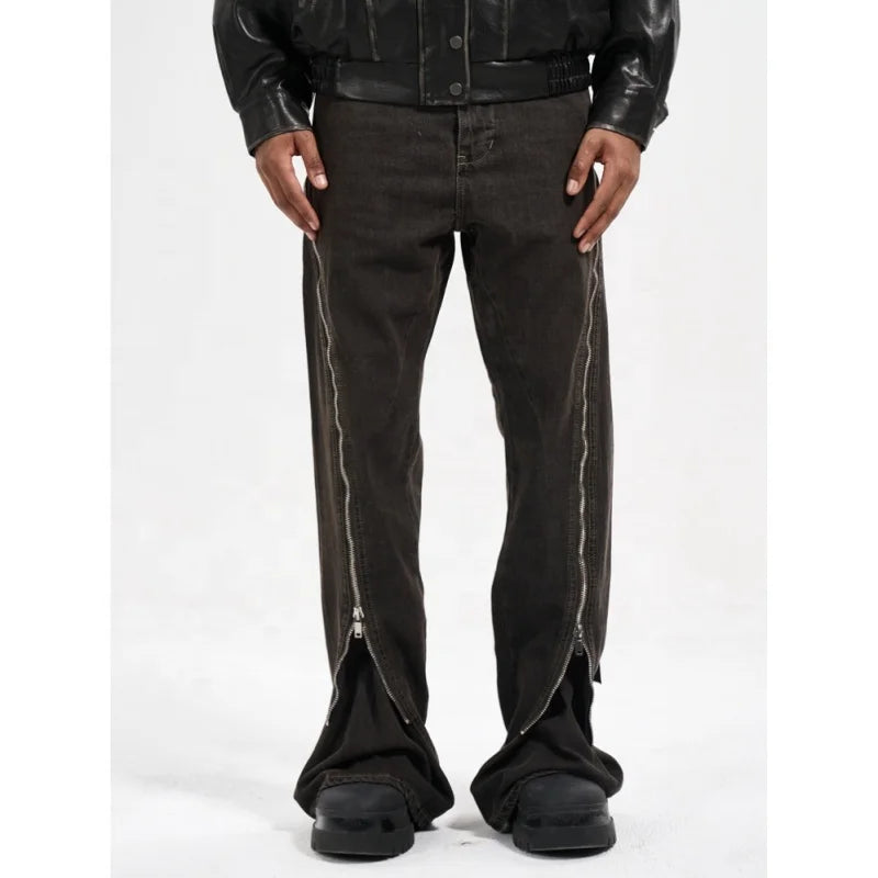 Custom Label Drop Ship Stock Street Wear Stock Men Zipper Black Stacked Flared Denim Jeans